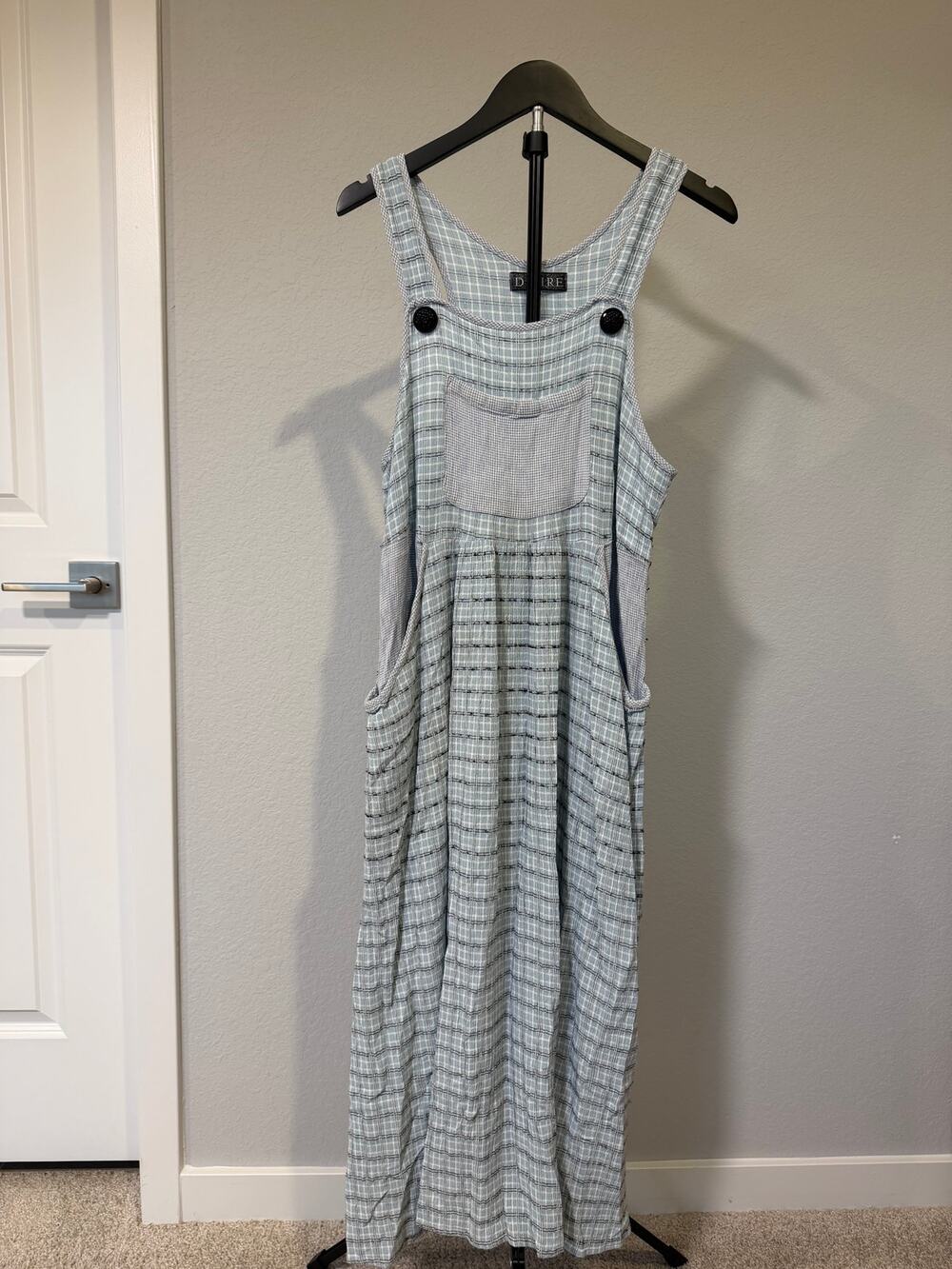 Vintage Desire Blue Plaid Overall Maxi Dress Large Made in USA 90s Cottagecore